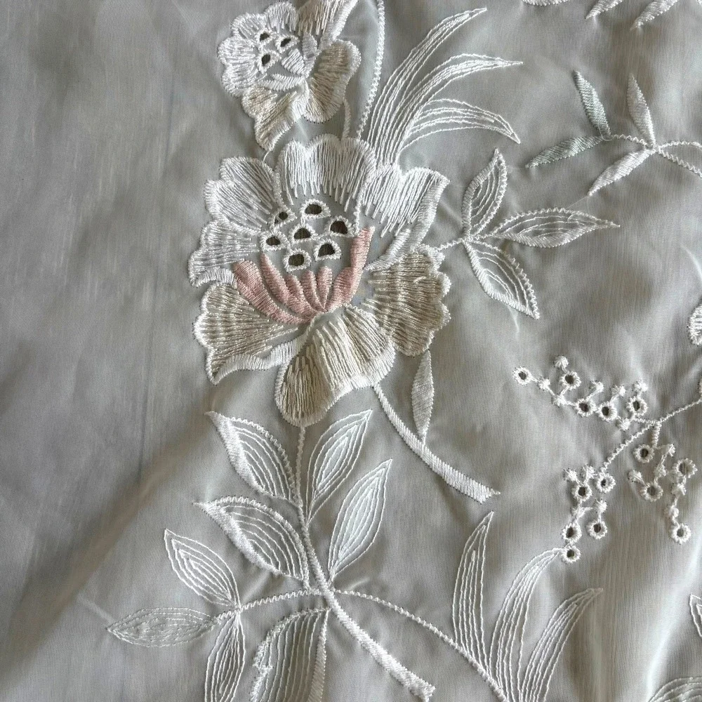 Vintage Floral Embroidered Sheer Fairy Curtain Panel Ivory Pink Lace Trim 71x56